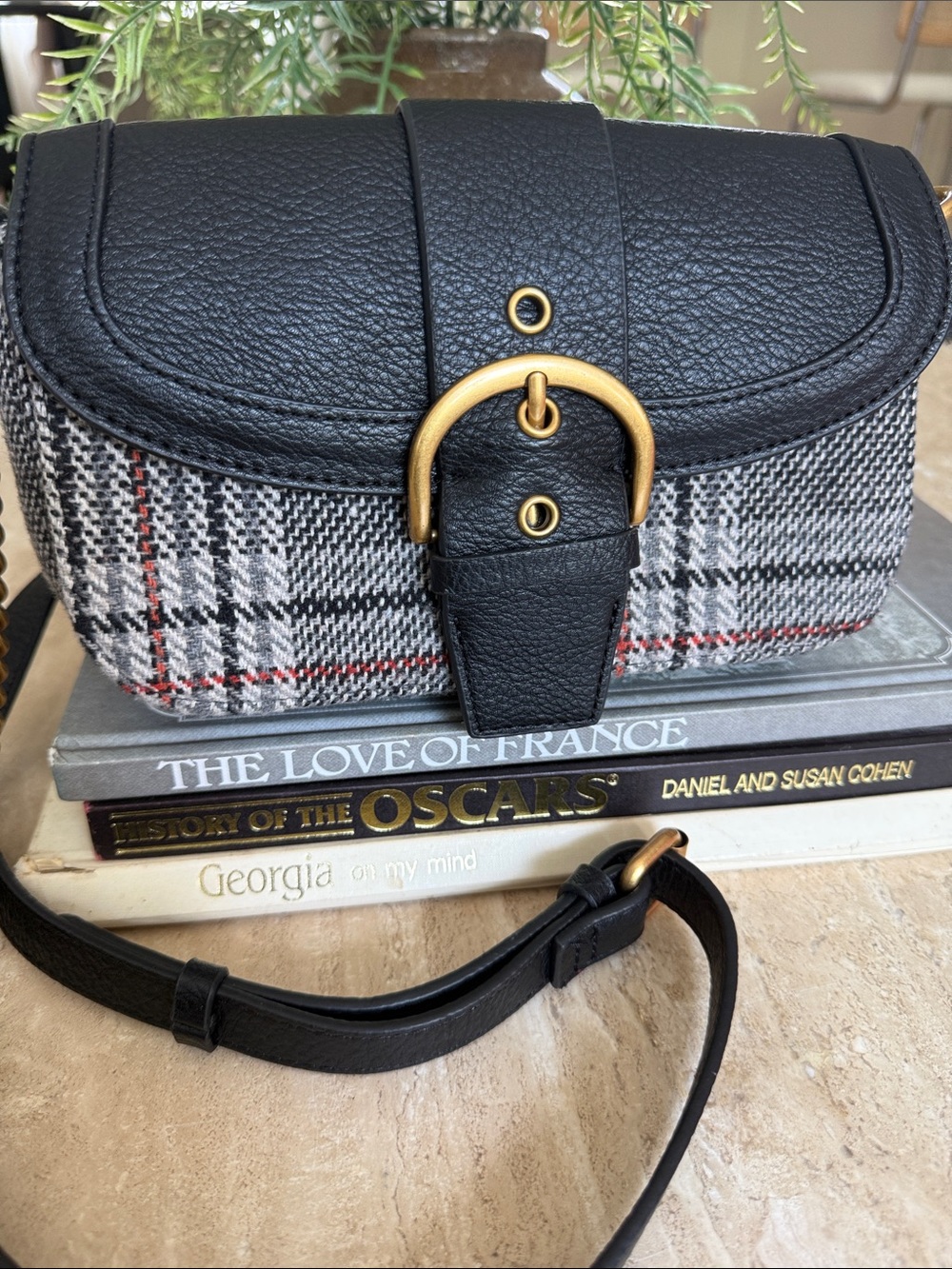 Rosetti Hudson Gray Black Plaid Vegan Leather Flap Crossbody Bag Buckle detail